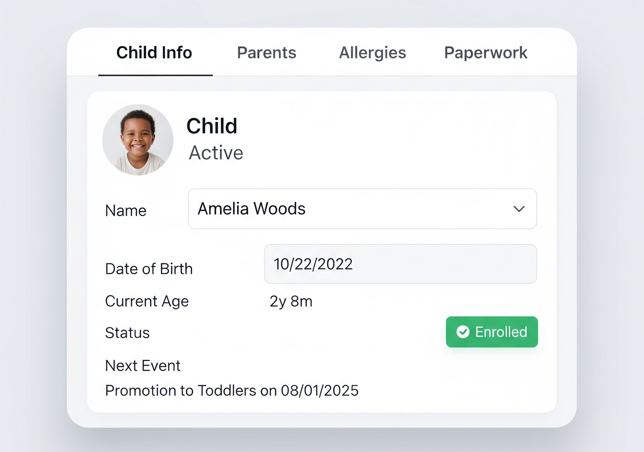 Tiny Paths child profile card with documents